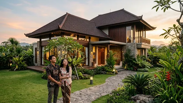 Atap spandek dan genteng metal terpasang di rumah type 45 dengan langit cerah di atasnya