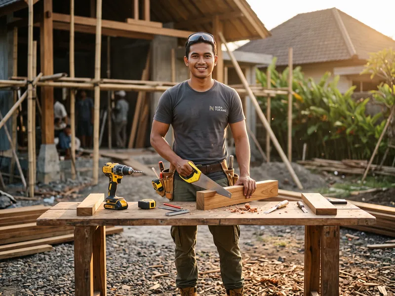 Tukang berdiri di workshop kayu
