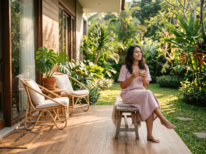 Wanita ngopi di teras