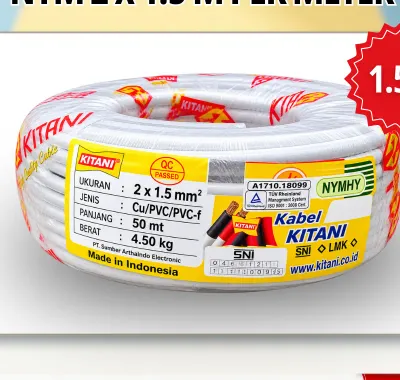 Kabel listrik tembaga Kitani NYM 2x1,5mm per meter