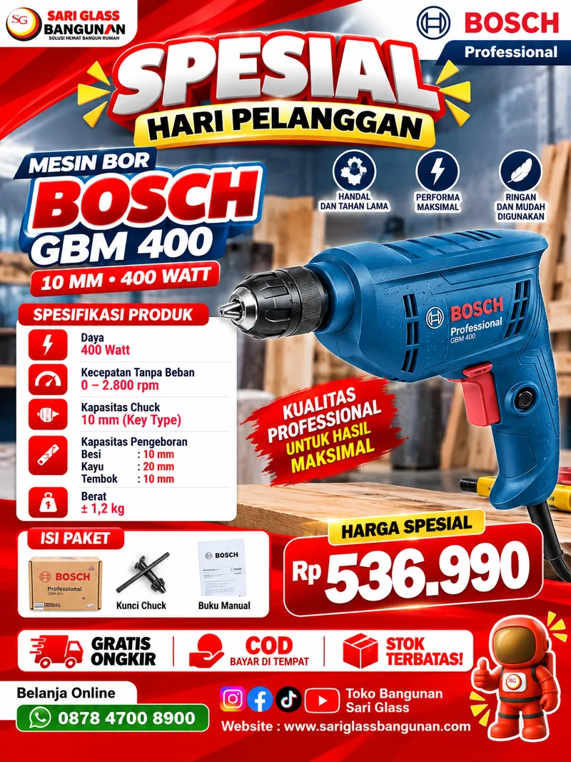 Mesin bor tangan Bosch GBM 400 10mm 400 watt