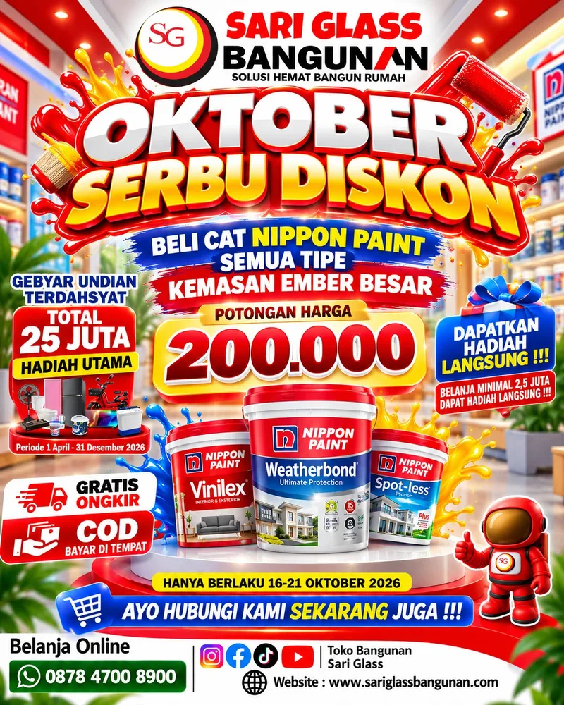 Poster promo Cat Nippon Paint semua tipe kemasan ember besar potongan harga Rp 200.000. Cat tembok Nippon Paint murah Majenang. Sari Glass Bangunan, promo 16-21 Oktober 2026.