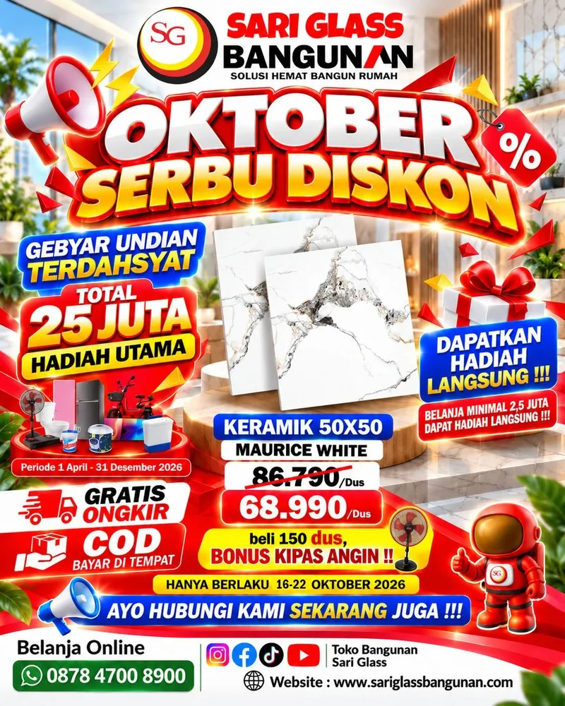 Poster promo Oktober Keramik, Semen, Besi, dan Bahan Bangunan Pokok Sari Glass Bangunan Majenang